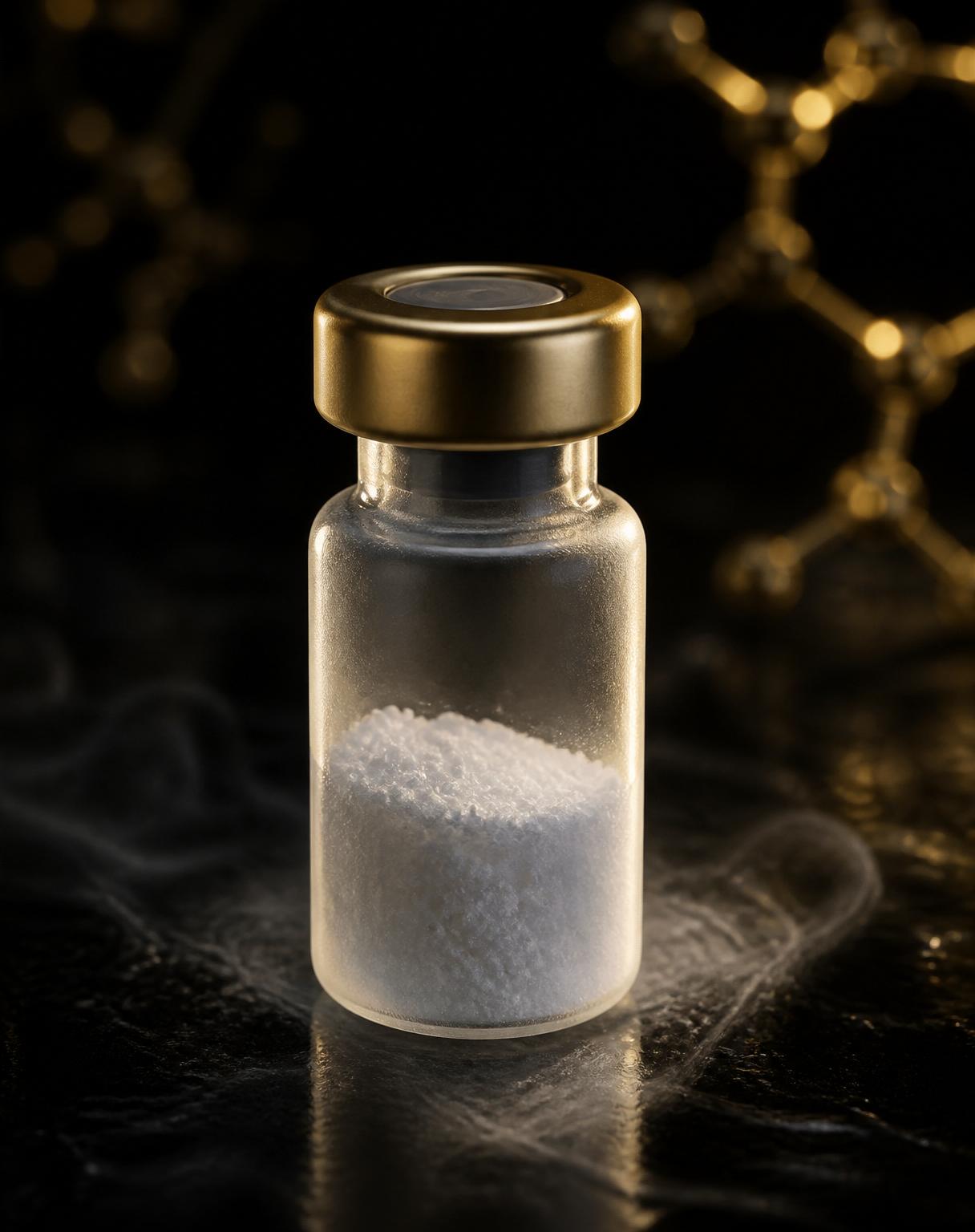 Frosted glas peptide-vial met gouden cap op een laboratorium-oppervlak — Peptidewinkel research-grade